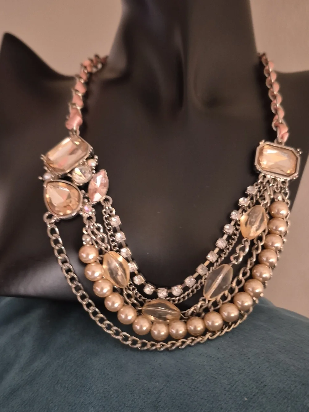 NY & CO Multi-Strand Layered Pearl  Crystal Rhinestone Statement Necklace